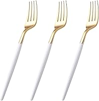 I00000 144 Gold Plastic Forks with White Handle - Durable Disposable Flatware Looks Like Real Cutlery for Weddings Parties