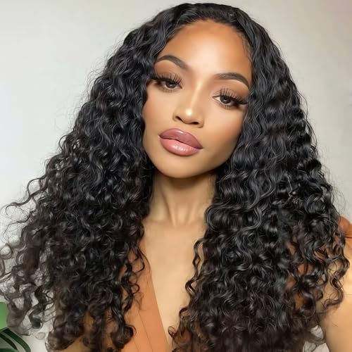 Image of Celiarita Curly Half Wig Human Hair Wear Go Glueless Deep Wave Headband Wigs Human Hair Seamless Flip Over Drawstring Clip in Half Wig for Black Women 200% Density Natural Color 28 Inch