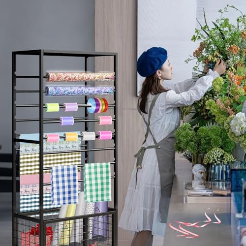 Image of 16 Tier Ribbon Holder Rack, Multifunctional Flower Wrapping Paper Rack,Double-Sided Ribbon Spool Shelf Suitable for Flower Shop, Craft Room, Cake Shop Ribbon Display Stand (Black)