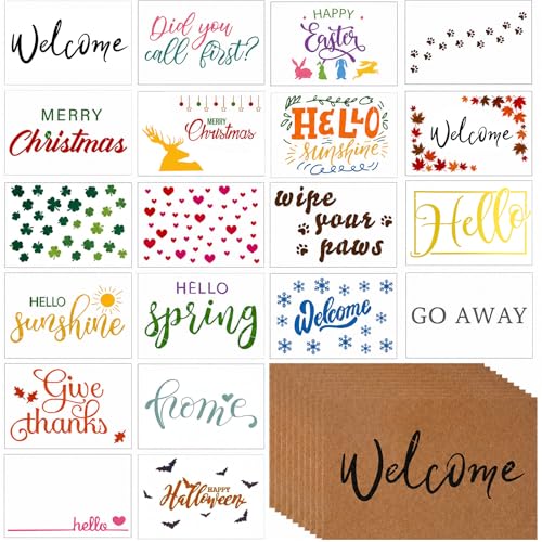 ForraFun 30 Pcs Coir Doormat DIY Craft Kit, 10 Blank Coco Coir Doormats (16"x24") & 20 Creative DIY Hollow Plastic Templates Non-Slip Welcome Mats for Crafts Front Porch Entryway