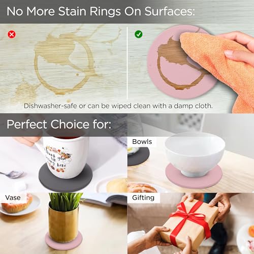 Image of UMAI Tea Coaster Set of 6 with Stand (Dia- 9.8cm, Thick- 2mm)| Coasters for Dinning Table for Hot Pots | Non Slip Mat | Gift for Housewarming | Kitty Party Return Gifts for Women (Grey /Pink)