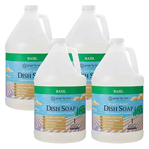 Ginger Lily Farms Botanicals Plant-Based Liquid Dish Soap, Concentrated Formula with Max Grease Cleaning Power, Cruelty-Free, Basil Scent, 1 Gallon Refill (128 Fl. Oz.) (Pack of 4)