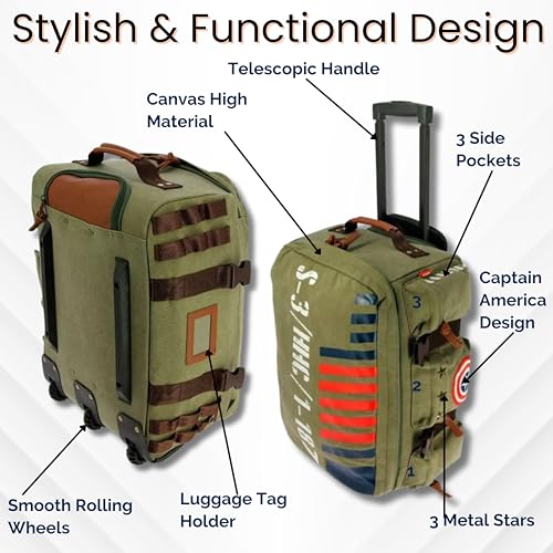 Vintage Army-Inspired Captain America 19-Inch Canvas Carry-On Cabin Bag– Olive Green Soft Cabin Luggage with Wheels, Telescopic Handle & Side Pockets– Lightweight Travel Gift 5