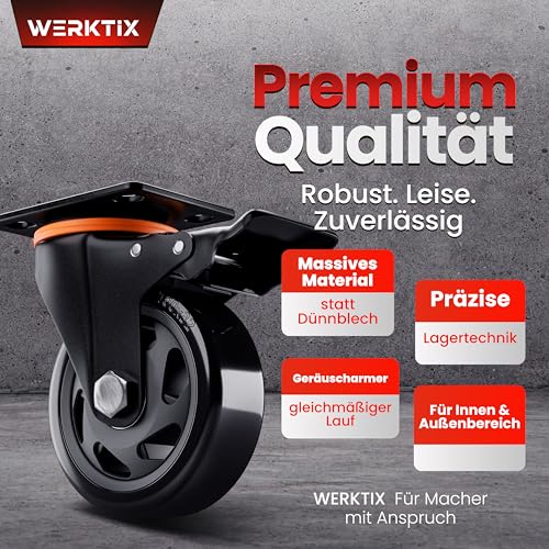 WERKTIX Schwerlastrollen 100mm - 4er Premium Set - 400kg Tragfähigkeit – 360° Lenkrollen für Möbel, Werkstatt & Industrie – Leise & Outdoor geeignet mit Dual-Bremse