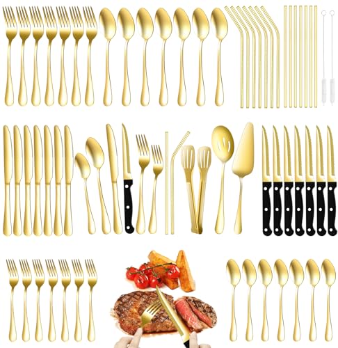 69 Piece Gold Silverware Set with Steak Knife Service For 8, Golden Flatware Cutlery Set Stainless Steel Utensils Mirror Polishe Spoons and Forks with Metal Straw, Slotted Spoons, Tongs, Tableware