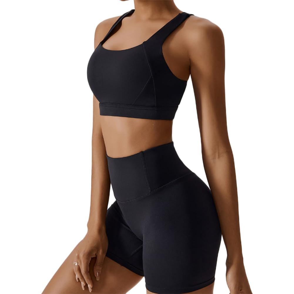 JPXJGT Women Gym Wear Workout Clothing Sports Fitness Bra Yoga Shorts Suit Set.(Size:S,Color:Black)