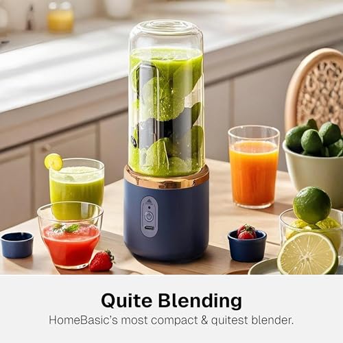 Image of HOMEBASIC Portable Blender 400ml, USB-C Rechargeable Smoothie Juicer with 6 Stainless Steel Blades, 22000RPM Mini Mixer for Shakes & Smoothies| Fruit Maker for Gym, Travel, Office & Kitchen