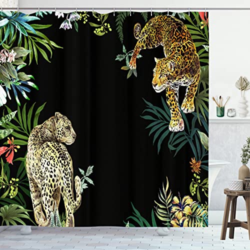 GOOESING Animal Print Leopard Shower Curtain Set,Hooks Included,Tropical Safari Black Fabric Bathroom Shower Curtain 180x180