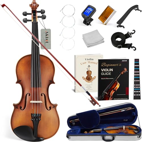Image of AKLOT Handcrafted Full Size Violin: Solid Wood Matte Fiddle, Acoustic Beginner 4 /4 Violin Kit with Hard Case, Lesson Book, Bow, Shoulder Rest, Extra Strings, Tuner, Fretboard Stickers (VRT-AmiMS)