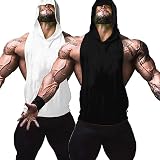 ZUEVI Men's 2 Pack Muscle Sleeveless Hoodies Tank Tops Gym Workout Hooded Bodybuilding Stringer T Shirt (White&Black-M)