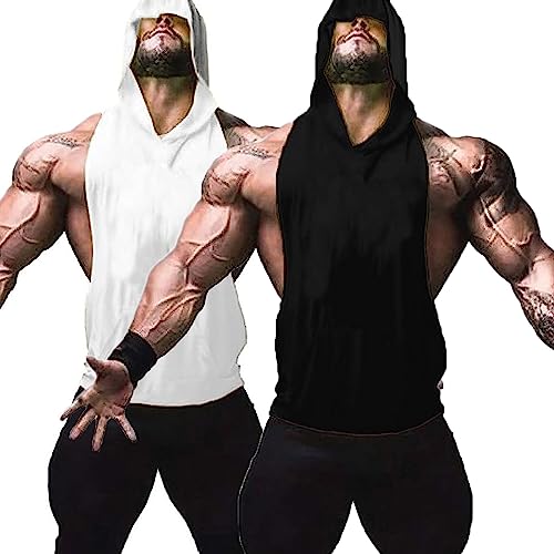 ZUEVI Men's 2 Pack Muscle Sleeveless Hoodies Tank Tops Gym Workout Hooded Bodybuilding Stringer T Shirt