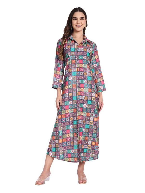 Women Multicolor Geometric Printed Shirt Collar Neck A-Line Maxi Dress-image-6