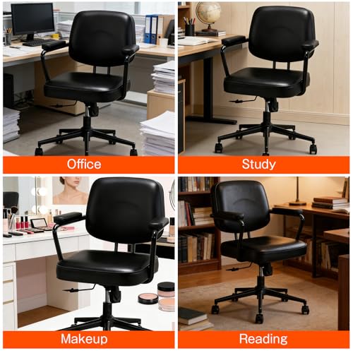 Image of Home Office Chair, Ergonomic Desk Chair with Lumbar Support, Adjustable Height Rolling Swivel Task Chair with Armrests, PU Leather, for Meeting,Study Room Black