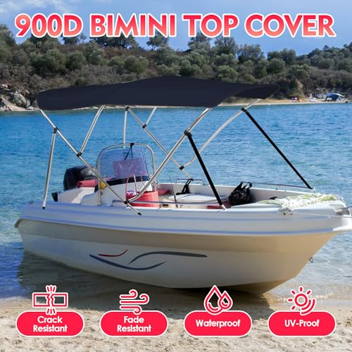 Image of Bimini Tops for Boats, Navy 3 Bow L6' x W67-72 x H46, 900D Polyester Bimini Top, 2 Rear Support Poles and Storage Boot, 4 Adjustable Nylon Straps