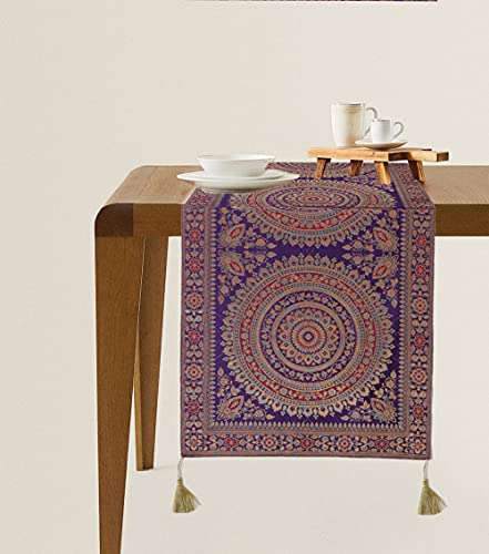 Image of Diwali Decor Brocade Jacquard Silk Table Runner Long Runner for Dinning & Centre Table Mandala Print 72 x 16 Inches (Purple)