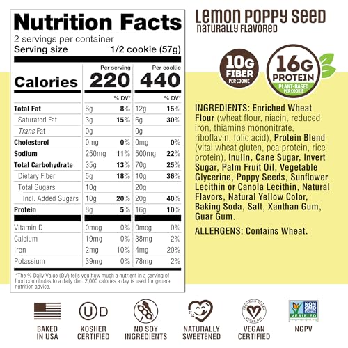Image of Lenny & Larry's Protein Cookie, Lemon Poppy Seed - High Protein Snacks with 16g Plant Protein, 10g Fiber, Soft-Baked, Vegan, Non-GMO | 4oz, Pack of 12