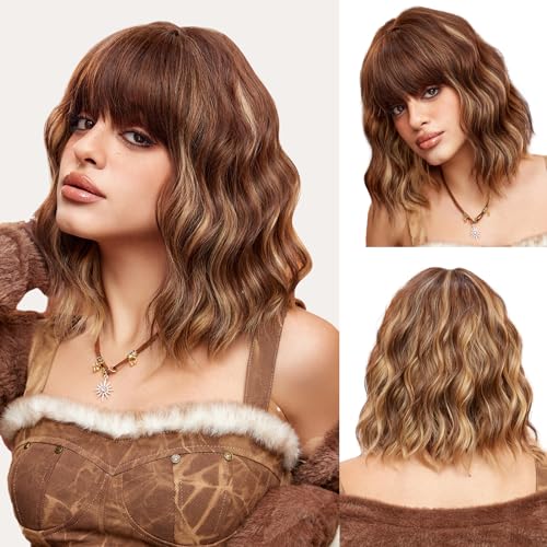 OUFEI Brown Mixed Blonde Wigs for Women Short Wavy Wig With Bangs Natural Synthetic Hair Heat Resistant Wigs for Daily Party Cosplay Wear