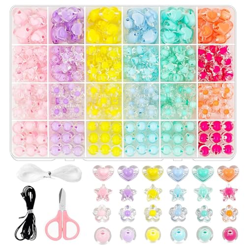 Image of SANNIDHI 174Pcs Acrylic Beads For Jewellery Making Kit, Macaron Color Crystal Beads For Bracelet Making, Double Layer Star Heart Flower Round Cute Aesthetic Beads For Diy Hair Ties, Multicolour