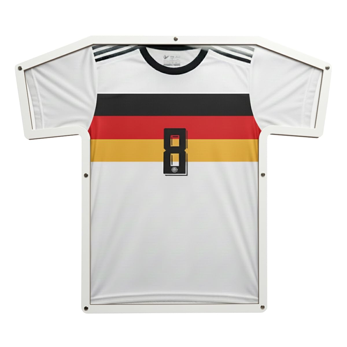 Trikotrahmen in T-Form, Kinder (XS - S), Weiß, für T-Shirts, Fußballtrikots, Sporttrikots, bruchsicheres ultraklares Acrylglas, robuster 3D Bilderrahmen inkl. Halterung und Montagematerial