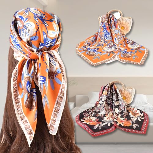Square Ethnic Flowers Square Scarf - Simulated Silk Bandanas for Women Hair Wrap Sleeping