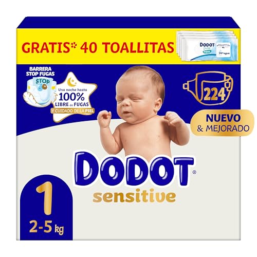 Dodot Pañales Bebé Sensitive, Talla 1 (2-5 kg), 224 Pañales + Regalo de 40 Toallitas Aqua Pure 99% Agua, Hasta 12 h De Protección Antifugas y Cuidado de la Piel, Pack Mensual