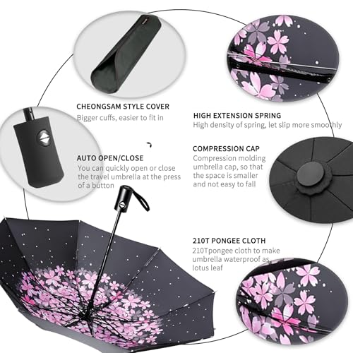 Image of SIEPASA Compact Travel Umbrella - Windproof Auto Open /Close, Small Folding Umbrella for Rain & Sun with UPF50+ - Lightweight Frame, Waterproof - Fits Backpack, Purse, Suitcase.(Pink Cherry Bossom)