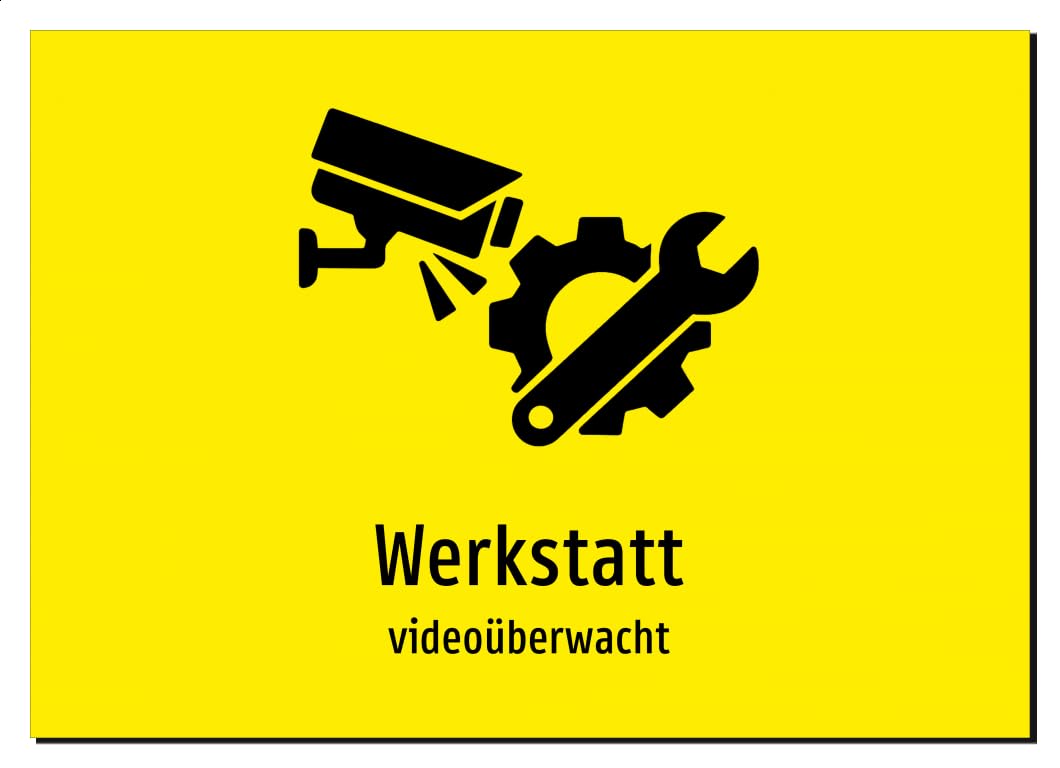 Werkstatt - videoüberwacht – Aluminiumschild A2: 594x420mm – Mit Grafik und Text