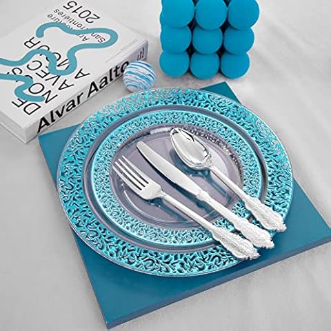LUODA 30 Guests Blue Plastic Plates with Disposable Silverware, Clear Blue Party & Wedding Dinnerware Include 30 Dinner Plates, 30 Dessert Plates, 30 Silver Cutlery for Any Occasion Cover