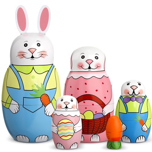 Gejoy Easter Nesting Dolls Russian Matryoshka Rabbit Wooden Handmade Nutcracker Nesting Dolls Collectible Gifts Set for Adults Home Decor