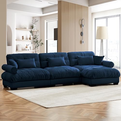 Modular Sectional Couches, 130" Oversized L Shaped Sectional Sofa, 3 Seater Modular Velvet Deep Seat Cloud Couch with Ottoman, Large Fluffy Couch Set for Living Room (Dark Blue, 3 Seat + 1 Ottoman)