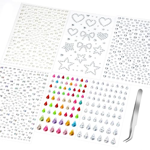 Teenitor Self Adhesive Face Gems Hair Gems, 6 Sheets Face Jewels Pearl...