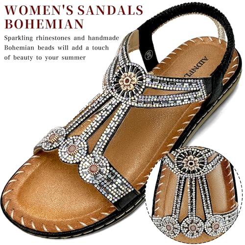 Womens Sandals 2025 Summer - Gladiator Comfortable Casual Walking Shoes Bohemian Crystal Rhinestones Flats Footwear4