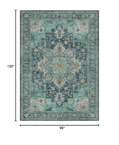 GENIMO 8x10 Area Rugs for Living Room, Machine Washable Non Slip Vintage Rugs, Low Pile Lightweight Chenille Print Rug for Bedroom, Dining Room, Home Office, Dark Green