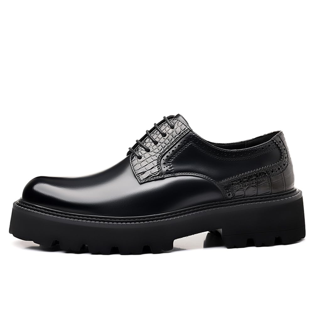 Mocasines de piel auténtica con plataforma Oxford para hombre, con punta de ala, gruesos, antideslizantes, para el trabajo, informales, para vestir, zapatos Derby, negro 1, 41 1/3 EU