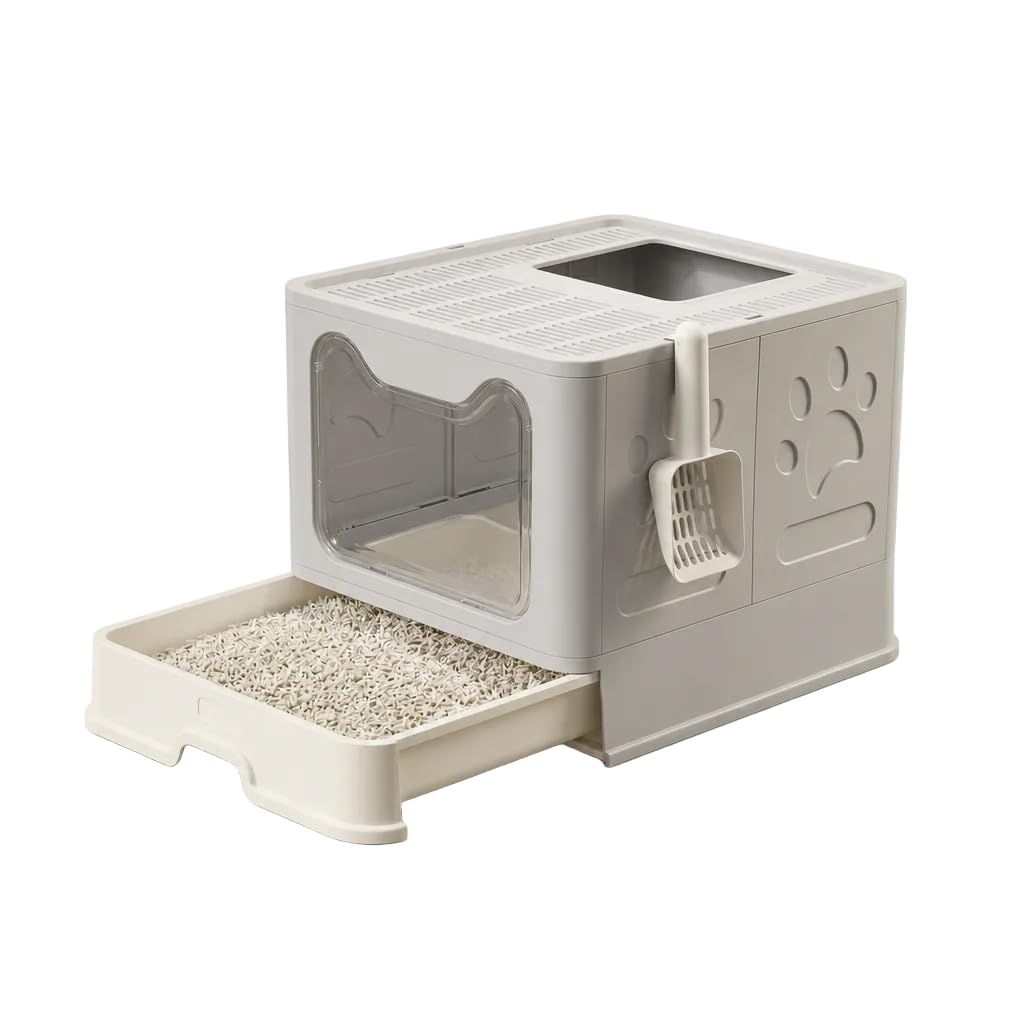 Closed Cat Litter Box with Removable Drawer and Double Entry – Hygienic Tray with Lid, Transparent Door, Top Entry with Filter Grid and Shovel Included, Anti-Odor, Easy Cleaning