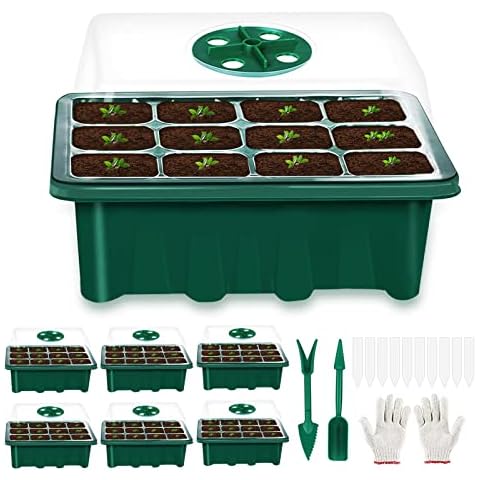 DUOLAM Bandejas Semilleros de Germinacion, 6 Pcs Plantas Bandeja de Plántulas, 12 Agujeros Mini Invernadero Bandejas Cover