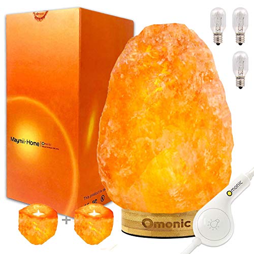 Omonic (3-5 kg) Lampe de Sel de l'Himalaya Himalayenne rose Cristal Lampe Lampes de table - variateur de contrôle tactile - Premium base de bambou - 3 Ampoules Gratuit Lot de 2 bougeoirs au sel