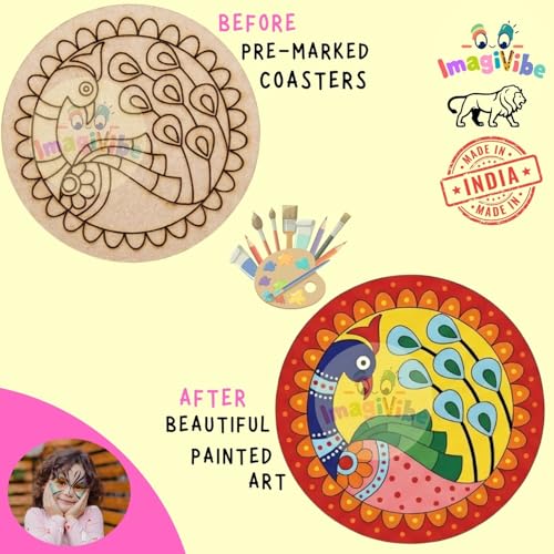 Image of ImagiVibe 3-in-1 Premium Coaster Painting Kit for Kids & Adults | DIY Mandala, Madhubani & Pichwai Art | 6 Pre-Marked Wooden 4 Inch MDF Coasters with Stand | Creative Art & Craft Activity | Gift (Acrylic Paint)