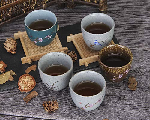 VanEnjoy Sef of 5 Hand-Drawn Traditional Chinese Ceramic Teacup Tea Cups, Floral and Bird Pattern,Bulk Teacup in Gift Box - Thumbnail 3