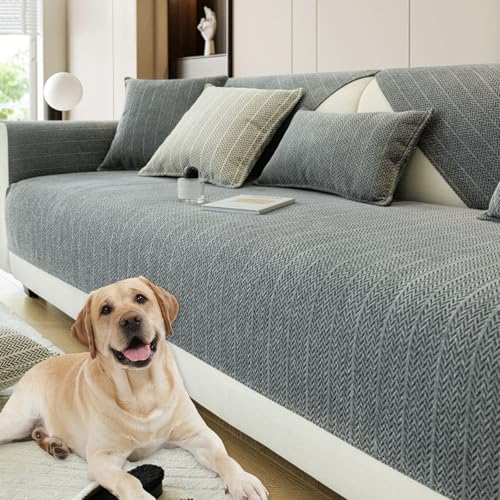 senmew Chenilla de Espiga Lisa Funda Sofa, Cubre Sofa Adecuado para 1/2/3/4 Plazas y Sofa Chaise Longue, Funda de Sofa Impermeable Antideslizante, Protector Sofa Gatos ArañAzo (Gris,110 * 180cm)
