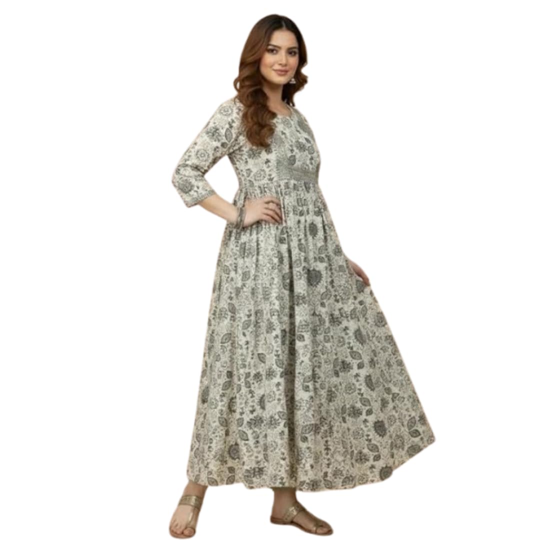 Women’s Ivory Cream Cotton Anarkali Kurti with Printed Embroidery Work | Stylish Flared Ethnic Kurta 3/4 Sleeve Round Neck Long Kurti for Women-picture-51