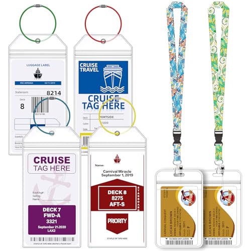 4 Pack Cruise Luggage Tag Holder for Carnival, MSC, Costa, NCL & Princess Cruise Ships, 2 Pack Cruise Lanyard and ID Holder Suitable for Cruise Card, Clear Tags Zip Seal Reusable Cruise Trip Essential
