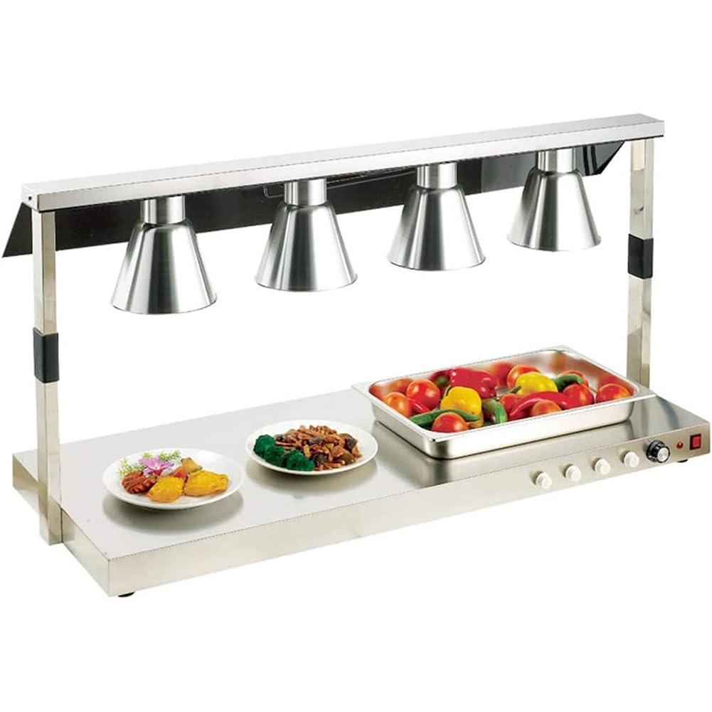 Luci scaldavivande, lampada scaldavivande a 4 teste, lampada riscaldante per pizza a buffet, piano d'appoggio in acciaio inossidabile commerciale con schermo in vetro, per tavolo scaldavivande da