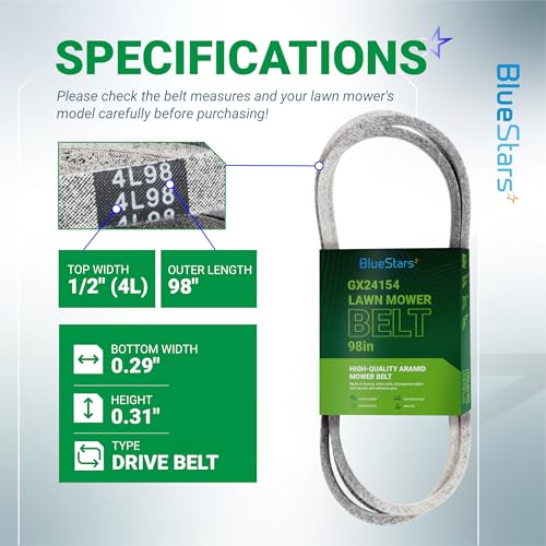 Image of BlueStars GX24154 Mower Drive Belt | Heavy-Duty Aramid Cord | 1 /2 inch x 98 inch | Drive Belt Fits John Deere D105 E100 X105 X106 Lawn Tractors