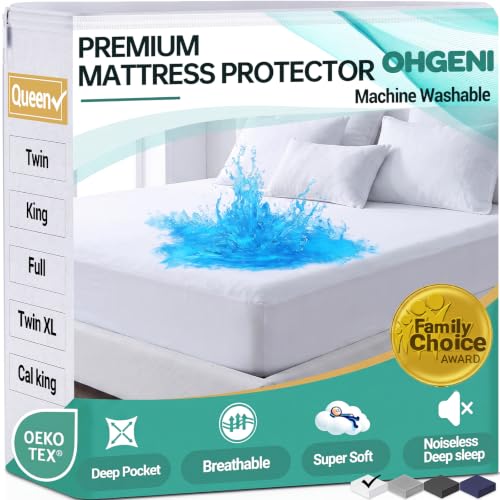 OhGeni Waterproof Mattress Protector Queen Size Mattress Pad Fitted with Deep Pocket 6-18 Breathable Noiseless & Soft Washable Dirt-Proof Mattress Cover for Home Bedroom White Daybed Cover