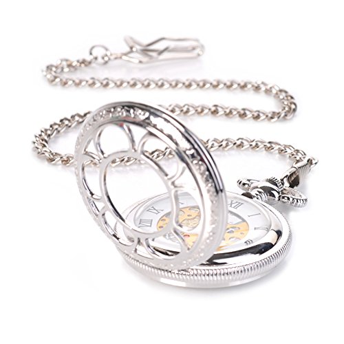 Fransande Antique Hunter Quartz Roman Numerals Pocket Watch for Men with Chain Silver - Image 4