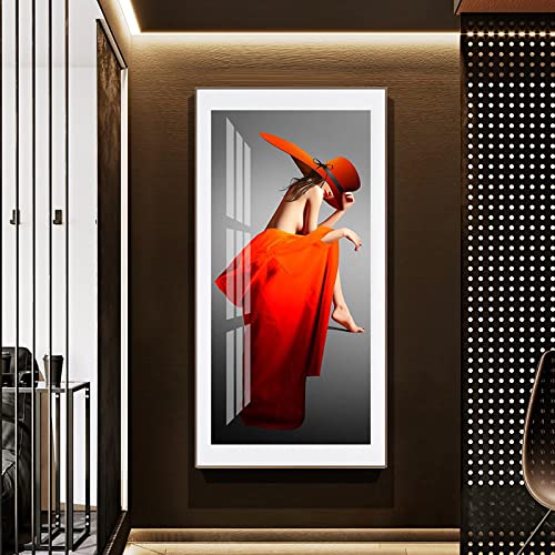 Toile peinture fille robe rouge art mural de luxe grand format vertical pour chambre