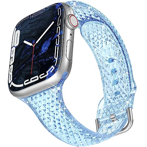 Laxarmer Glitter Diamond Pattern Clear Sport Strap Compatible with Apple Watch Band Ultra 49mm 45mm 44mm 42mm, iWatch SE2 SE Series 8/7/6/5/4/3/2/1,for Women & Men-Blue