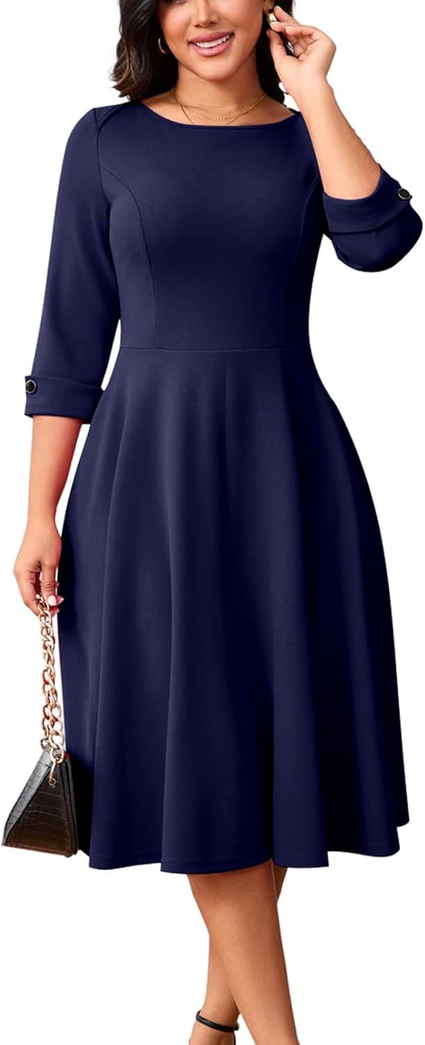 Work Dresses for Women Fit and Flare 3/4 Sleeve A-Line Silhouette Elegant Business Church Party Midi Dress with Pockets