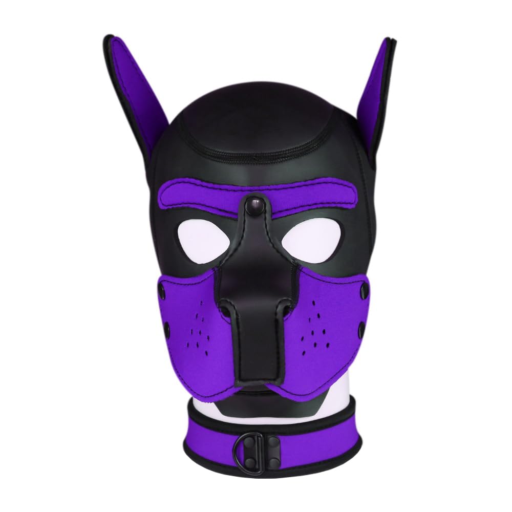 Neoprene K9 Puppy Hood Dog Muzzle Mask Pup Hood Halloween Mask (Purple, Mask with Collar)